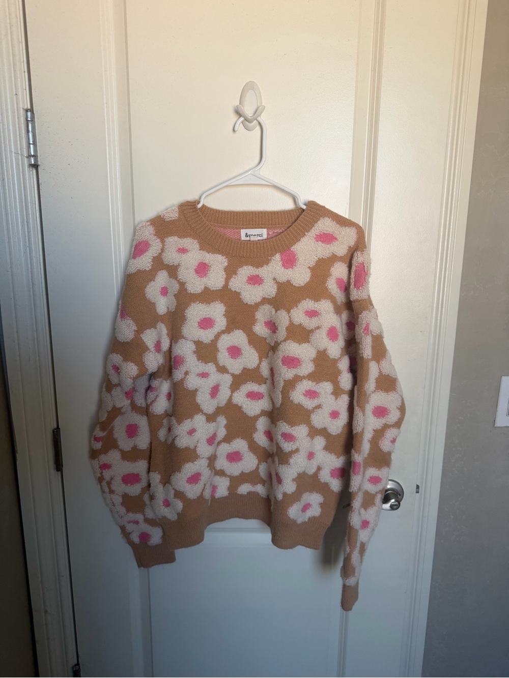 Floral Crewneck Sweater in Tan and Pink - Women's